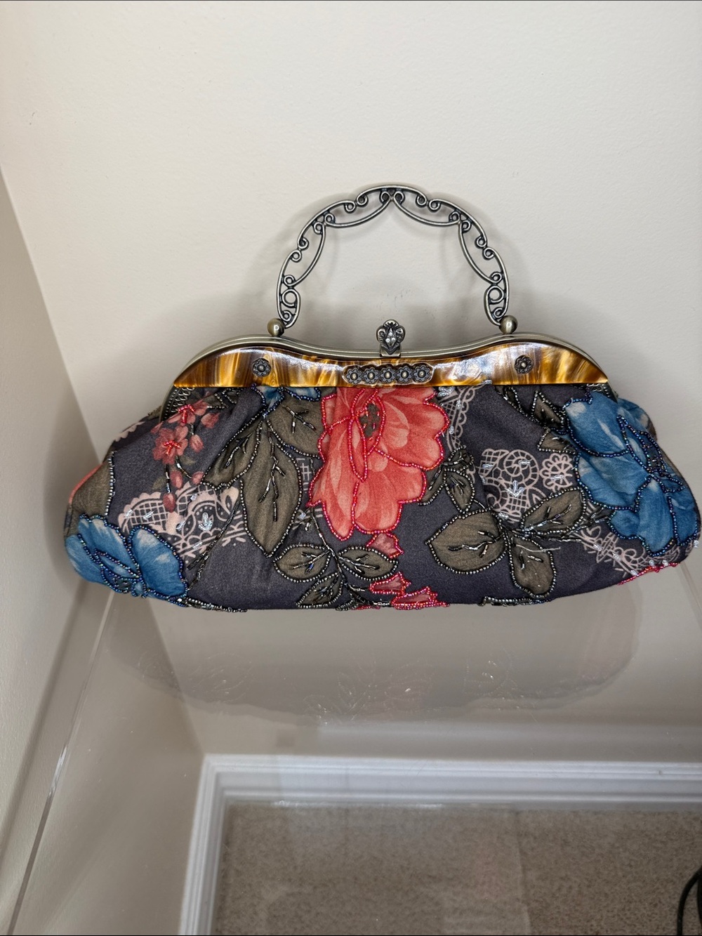 Beaded Floral Clutch in Brown with Blue & Coral Flowers